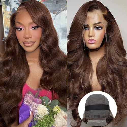 Chocolate Brown Lace Front Wig Human Hair 180% Density Brown Body Wave 13x4 Lace Front Wigs Human Hair for Black Women 4# Colored Wigs Human Hair (24inch)