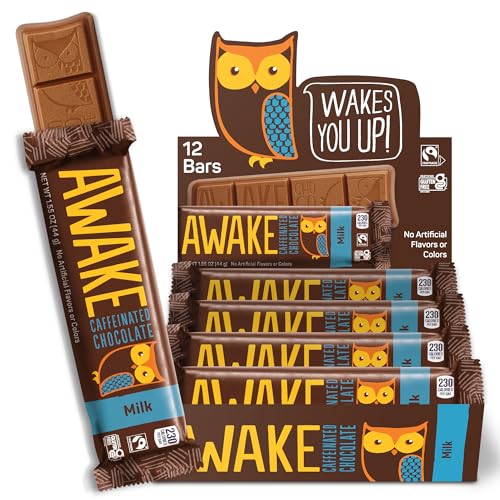 AWAKE - Caffeinated Chocolate Bars - Milk Chocolate, 12 Bars - 100mg Caffeine - 1 Bar Equals 1 Cup of Coffee - Individually Wrapped Energy - Fairtrade, Gluten Free, Non GMO, Kosher - 1.34oz