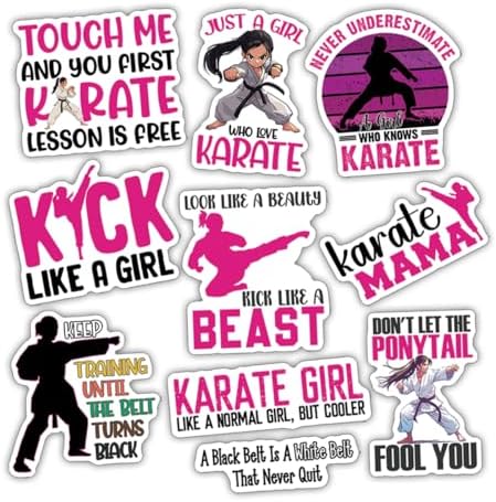 (10pcs) Karate Stickers Funny Karate Decals Sports Karate Fighter Martial Arts Funny Gifts Multiple Different Design, Waterproof, UV- Resistant, Suitable for Tumbler, Laptop Car Truck (Karate Girl)