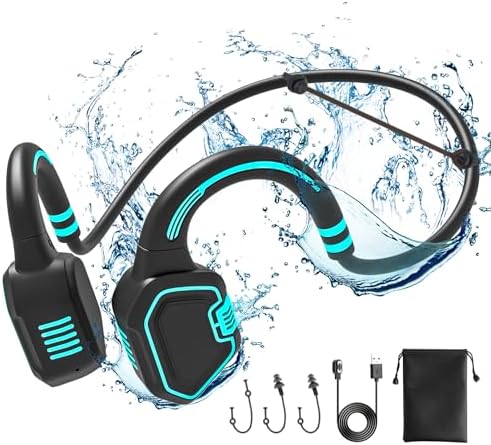 Bone Conduction Waterproof Swimming Headphones - IP68 Waterproof Swimming Headphones Inductive Open Ear Wireless Bluetooth Sports Headset with MP3 Play 32G Memory for Running Swimming (Blue)