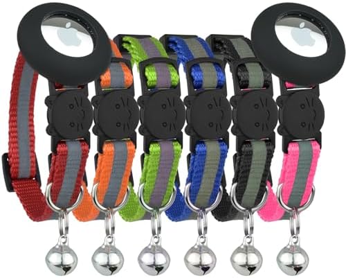 Reflective Cat Collar with AirTag Holders, Set of 6, with Bells, Solid & Safe Collars for Cats, Nylon, Mixed Colors, Pet Collar, Air Tag Holder, Breakaway Cat Collar Charms