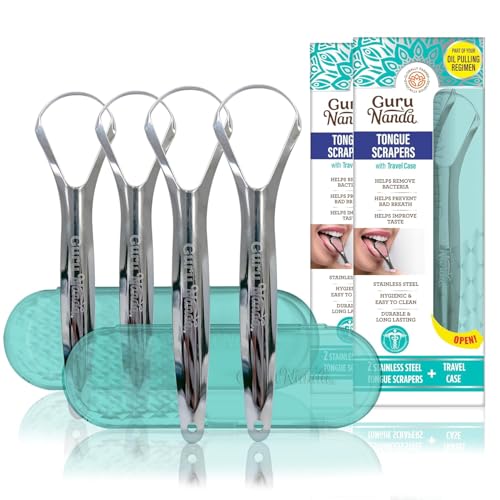 GuruNanda Tongue Scraper for Adults (4-Pack) with Travel Case, 420 Medical Grade Stainless Steel, Aids in Fresh Breath & Oral Care - Travel-Friendly