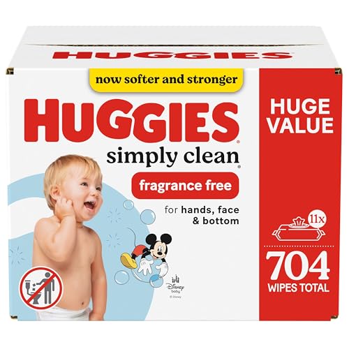 Huggies Simply Clean Fragrance-Free Baby Wipes, Unscented Diaper Wipes, 11 Flip-Top Packs (704 Wipes Total)