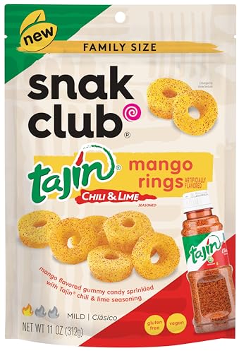 Snak Club Tajin Mango Rings, Chili & Lime Sweet Spicy Gummy Snacks, Mild in Heat Bold in Flavor, Gluten-Free Snack, 11oz Resealable Bag (Pack of 6)