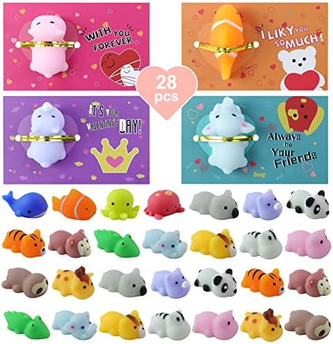 28Pack Valentines Day Cards for Kids School with Kawaii Mochi Squishy Toys, Kids Valentine's Day Cards Exchange Gift for School Classroom