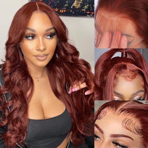 34 Inch Reddish Brown Lace Front Wigs Human Hair 13×6 HD Lace Body Wave Aubrun Brown Front Wig Pre Plucked Red Human Hair Colored Wig 180% Density