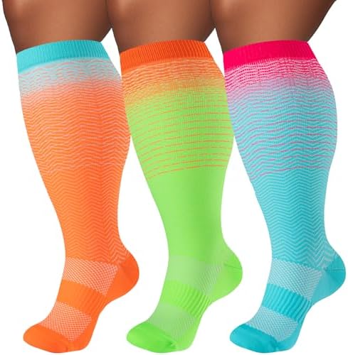 Plus Size Compression Socks for Women & Men 3 Pairs, Wide Calf Extra Large 20-30 mmHg Knee High Support Socks for Travel, Running, Nurse