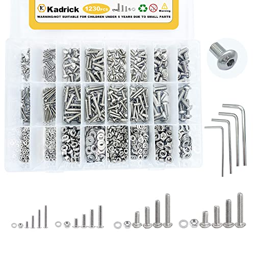 Kadrick 1230 Pcs M2 M3 M4 M5 Metric Screw Aassortment,4mm-20mm 304 Stainless Steel Hex Socket Button Head Cap Bolts Nuts Washers Kit with 4 Hex Wrenches
