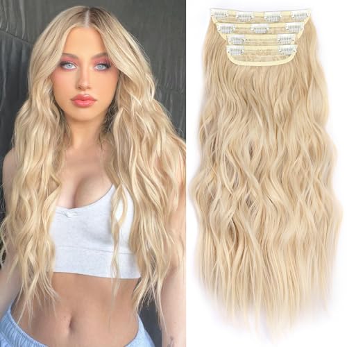ALXNAN Clip in Hair Extension,Long Wavy Blonde Hair Extensions, 24 Inch 4PCS Thick Hairpieces Fiber Double Weft Hair for Women
