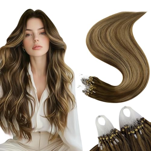 Full Shine Micro Ring Human Hair Extensions Color 4/24/4 Micro Link Hair Extensions Real Human Hair 16 Inch Fusion Natural Hair Extensions 50Gram Invisible Hair Extensions Add Volume for Wedding