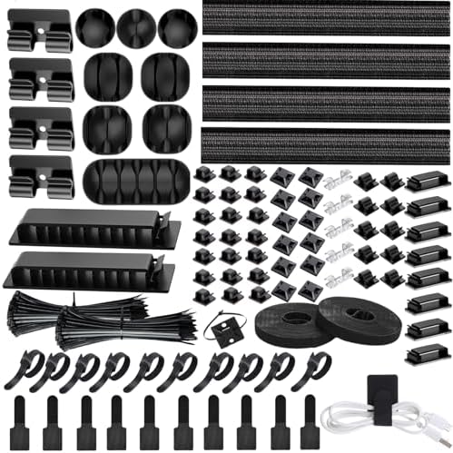 [313Pcs] Cable Management Kit, 67 Adhesive Cable Clips, Topavatop Desk Cord Organizer, 22 Reusable Cable Strap, 4 Cable Sleeve Split, 200 Nylon Cable Zip Ties with 20 Mounts for TV Office Home, Black
