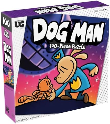 University Games, Dog Man: Grime and Punishment 100-piece Jigsaw Puzzle. 14 inch by 19 inch Puzzle of Dav Pilkey’s Famous Crime Fighting Canine Contains 100 Pieces for challenging Fun. Ages 6 and up.