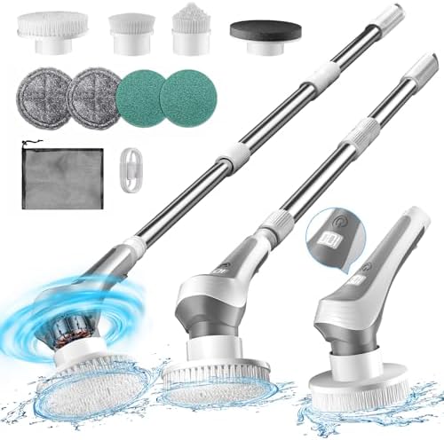 Electric Spin Scrubber,Cordless Shower Scrubber with Power Display Screen,IP68 Waterproof Bath Cleaning Brush,Adjustable Extension Handle & 2 Speeds,Electric Cleaning Brush for Bathroom,Kitchen,Tub