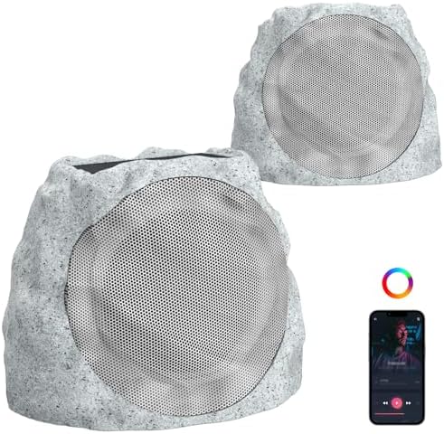 Outdoor Rock Speakers with Lights Show Portable Speakers Bluetooth Wireless Outdoor Speaker Weatherproof Solar Powered and Rechargeable Rock Speaker for Patio Pool,Backyard Marble 2pack
