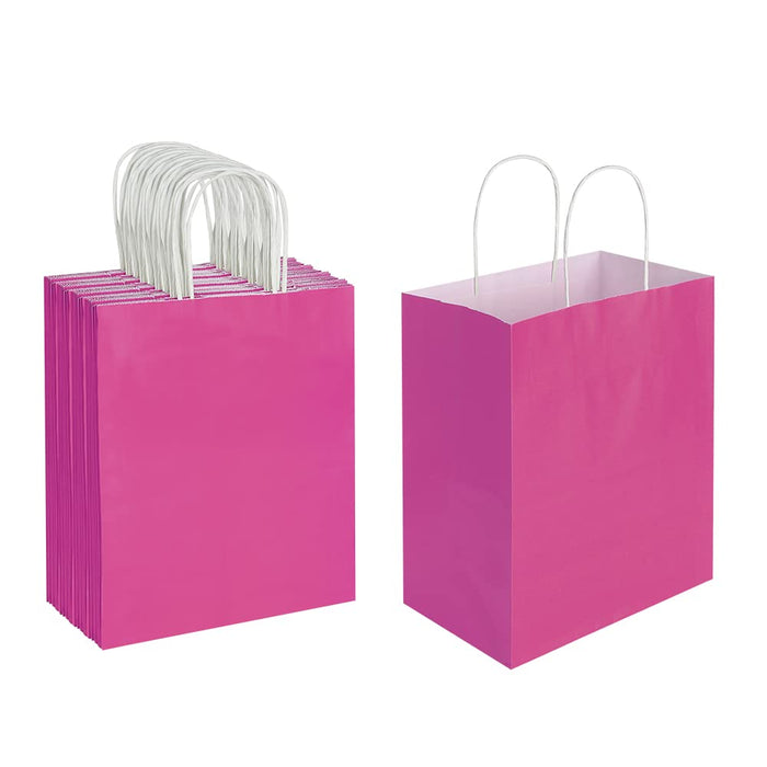 Oikss 50 Pack 8x4.75x10 inch Medium Paper Bags with Handles Bulk, Pink Kraft Bags Birthday Wedding Party Favors Grocery Retail Shopping Takeouts Business Goody Craft Gift Sacks (Fuchsia 50PCS Count)