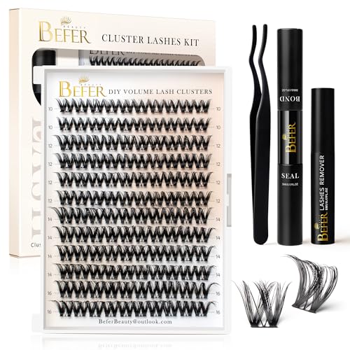 BEFER Lash Clusters Kit, 120 Pcs D Curl Eyelash Clusters Volume Individual Lashes Extensions 10-16MM Fluffy Cluster Eyelash Wispy Cluster Lashes DIY At Home(Seraphic,FD43,Kit)