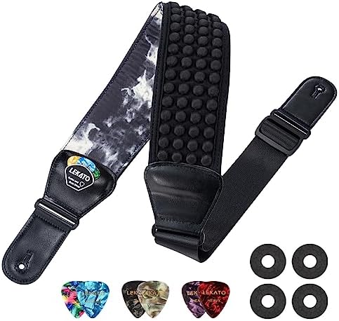 LEKATO Guitar Bass Strap for Electric Guitar Bass, 3" Wide Padded Guitar Strap Neoprene Pad with 3D Sponge Filling Adjustable Length from 45" to 55" with Strap Locks, Picks, Smoke