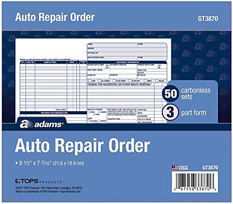 Adams Auto Repair Order Forms, 8.5 x 7.44 Inch, 3-Part, Carbonless, 50-Pack, White and Canary (GT3870) - 4 Pack