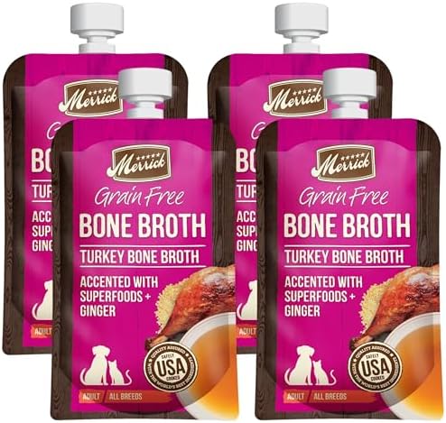Merrick Grain Free Bone Broth, Premium Human Grade And Gluten Free Dog And Cat Food Topper Pouches, Turkey - 7 oz. Pouch (Pack of 4)