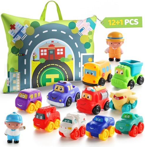 Soft Rubber Toy Figure Car for 1 Year Old Boy with Playmat (Storage Bag)|12 PCS Cartoon Cars Baby Toys for 12-18 Months & Toddler Age 1-2|First Birthday, Valentine Gift for 1 2 3 Year Old Boy