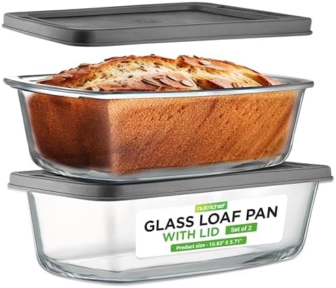 NutriChef 2-Piece Glass Loaf Pan Set, 1.9-QT Stackable Tempered Glass Bread Pans w/Airtight BPA-Free Lid - Dishwasher, Oven, & Microwave Safe, 62oz Loaf Dish Set