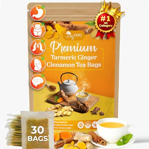 Special 30 Tea Bags Turmeric Ginger Cinnamon Tea, 100% Natural, Hand-made Blend of Turmeric, Ginger, and Cinnamon. Eco-conscious Tea Bags. Turmeric Ginger Herbal Tea. No Sugar, No Caffeine, No Gluten, Vegan.