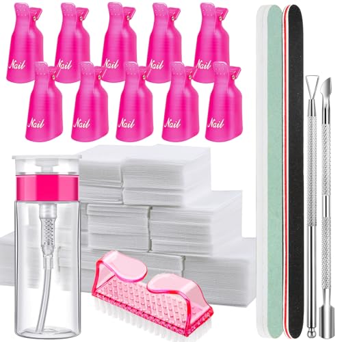 FANDAME Gel Nail Polish Remover Tools Kit, 10 PCS Nail Polish Remover Clips Rose Red, 100ml Nail Polish Remover Bottle, 500PCS Cotton Pad, Nail Brush, Cuticle Pusher, Nail File, Buffer Block Tools kit