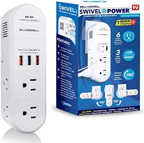 Swivel Power by Bell+Howell Power Strip w/Surge Protection Rapid, Swiveling Charging Station USB Outlet Extender – with 6 Electrical, 3 USB Port, 125VAC / 60Hz / 10A / 1250WMax, UL STD 498A