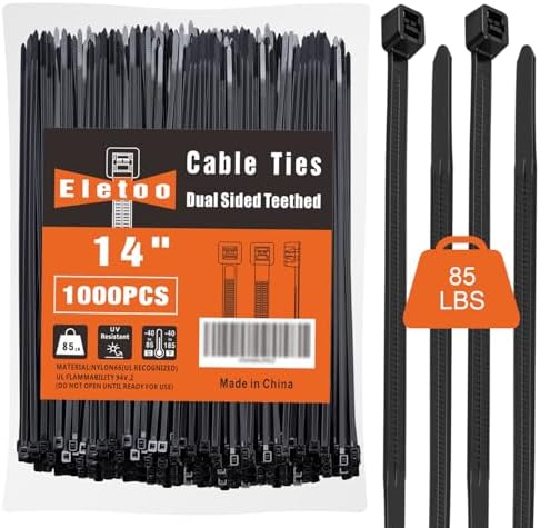 14 inch Black Zip Ties (1000 Pack), 2025 New Patented Design, 85 LBS Tensile Strength, Self-Locking Nylon PA66 UV Resistant Cable Ties for Indoor and Outdoor Use