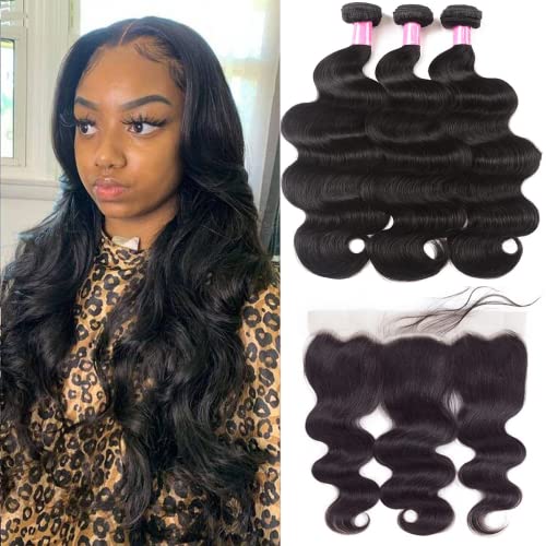 Brazilian Body Wave Bundles with Lace Frontal (10 12 14+10 Frontal) 100% Unprocessed Human Hair 3 Bundles with 13x4 Lace Closure Frontal Braziian Virgin Human Hair Bundles