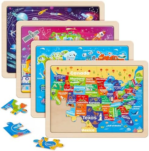 SYNARRY Large US World Earth Solar System Wooden Puzzles for Kids Gift Box(12.2*9.4 in) - FSC Certified, Puzzles for Toddlers 3-5, Puzzles for Kids Ages 4-6, Map Toys Gifts for 3 4 5 Year Old Boy Girl