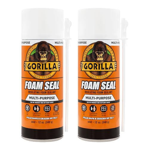 Gorilla Foam Sealant, Insulating, Multi-Purpose, Fills Gaps & Cracks, Polyurethane Expanding Foam Insulation, 12oz Can, Light Gray Color, (Pack of 2)