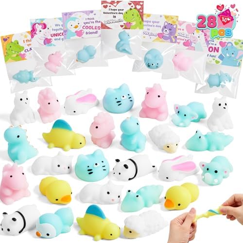 JOYIN 28 Packs Mochi Squishy Toy Gift Card for Kid, 14 Designs Kawaii Animal Mochi, Stress Relief Fidget Squishy Toy for Kid Classroom Exchange Prize Party Favor