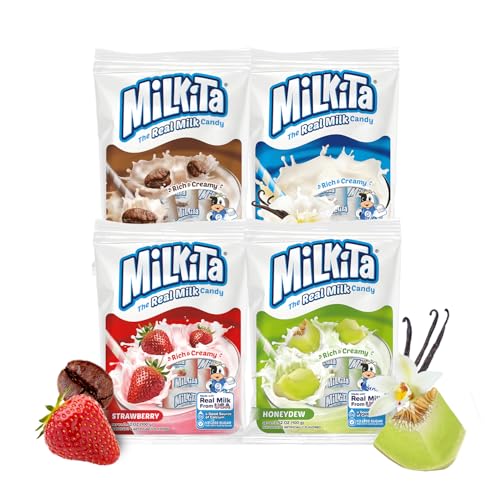 Milkita Creamy Shake Candy Pack of 4, Gluten Free Chewy Candies with Calcium & Real Milk, Zero Trans Fat, Low-Sugar, Assorted Flavors (Vanilla, Strawberry, Cappuccino, Honeydew), 120 Pcs