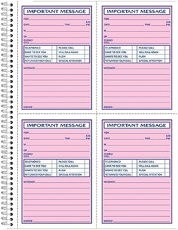 Adams Spiral Bound Phone Message Book, Carbonless Duplicate, 4 Messages per Page, 200 Sets per Book (SC1184D)