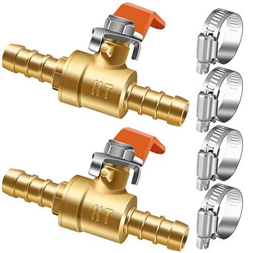 3/8 inch brass mini shut off ball barb valve for water fuel hose gas line rv air tubing, straight inlet manifold petcock (2pcs with clamps kit)