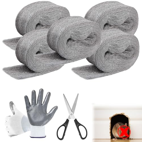 Steel Wool for Mice Control, 3.2" x12 ft Wool, Gap Filler for Home & Garage, DIY Bundle with Gloves & Scissors - 5 Pack