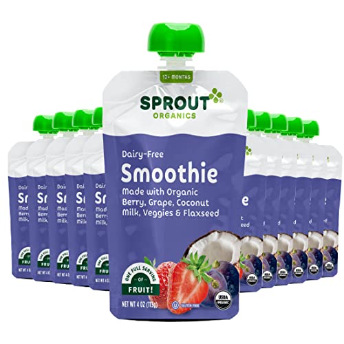 Sprout Organics, Dairy-Free Smoothie, Berry, Grape, Coconut Milk, Veggies & Flax Seed, 12+ Month Pouches, 4 oz (12-count)