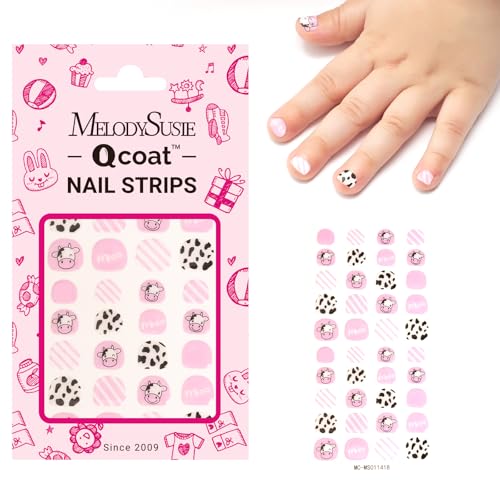 MelodySusie Qcoat Fully Cured Gel Nail Strips for Kids (Sweetie Milk Cow) - UV Free Nail Polish Strips, Long Lasting Gel Nail Stickers, Includes 40 Nail Wraps, 2 Prep Pads, and Nail File