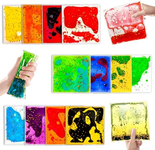 Squishy Liquid Sensory Gel Tiles 12 Packs - Square Sensory Fidget Toys for Stress Relief, Sensory Play & Portable Fun, Washable Sensory Floor Tiles for Kids in Home, Classroom, Travel