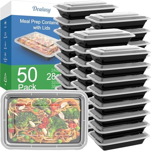 50 Pack (100-Piece) 28 oz Meal Prep Containers Reusable with Lids, Sturdy Leakproof & Food Safe, Microwave, Freezer, Dishwasher Safe Food Prep Containers, To Go Take Out Plastic Food Storage