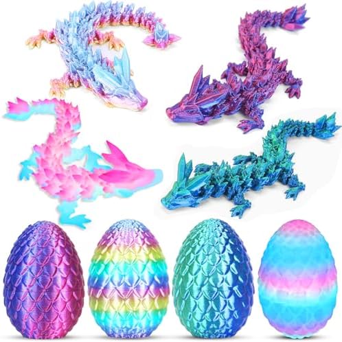 4PCS 3D Printed Dragon Eggs with Dragon Inside, Mini Easter Eggs Fidget Toy 3D Articulated Crystal Dragon Eggs Mystery Dragon Egg Easter Basket Stuffers Surprise 3D Printed Animals Toy Set