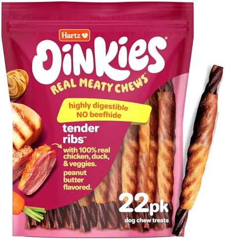 Hartz Oinkies Tender Ribs with Real Chicken, Duck & Veggies, Peanut Butter Flavored Rawhide-Free Dog Treats, Highly Digestible Dog Chews, 22 Count