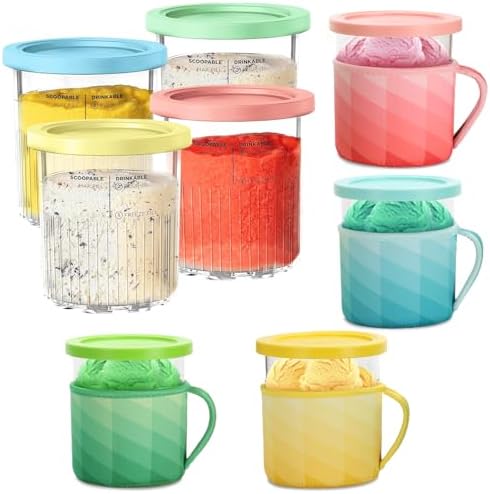 Deluxe Ice Cream Pints Neoprene Sleeves 4 Pack，Compatible with Ninja Creami NC501 NC500 Series 24oz Ice Cream Maker Containers (24oz 4 Cups+4 Sleeve)