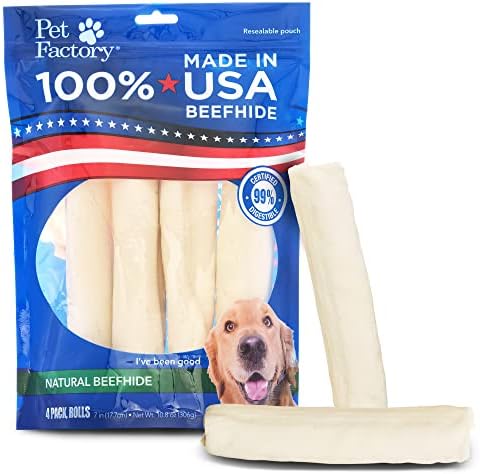 Pet Factory 100% Made in USA Beefhide 7" Rolls Dog Chew Treats - Natural Flavor, 4 Count/1 Pack