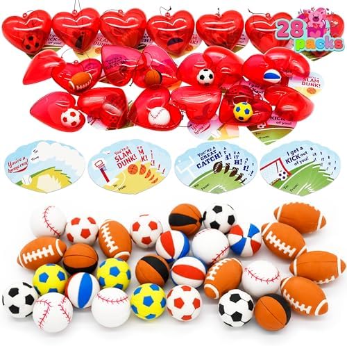JOYIN 28 PCS V-Day Cards for Kids, Sports Balls Erasers Filled Hearts and Valenti Cards Gifts for Kids Classroom Exchange Prizes