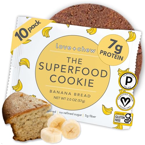 Love + Chew Tasty, Gluten Free Cookies - Banana Bread 10 Count - Vegan - Healthy, Paleo, Non GMO Snacks - Individually Wrapped, Soft Baked Cookies - Made from High Protein Almonds - 2 Ounce Each