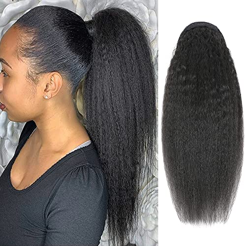 Adette 20 Inches Kinky Straight Ponytails Human Hair 10A Grade Drawstring Ponytail Extension Yaki Straight Clip in Pony Tail for Black Women Natural Black Hair Pieces