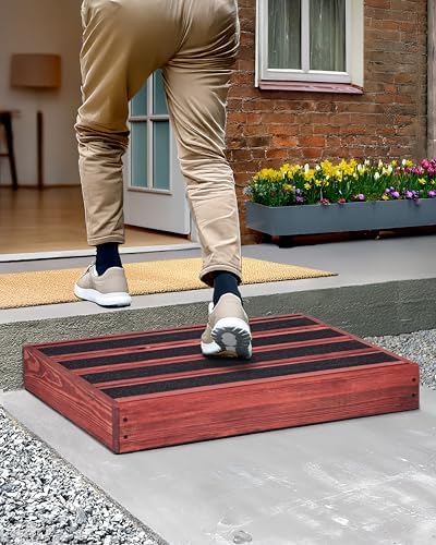 3.4"/5.9" Heightable Wooden Outdoor Step, 100% Handmade Step Stools for Adults with 4 Additional Legs & Anti-Slip Traction Tape, One Step Stool for Elderly, Adults, Kids (25" L x 16" W)