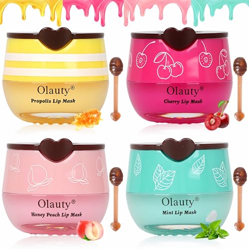 4 PCS Bee Lip Balm Lip Mask Honey Pot, Honey & Peach & Mint & Cherry Lip Mask Propolis Moisturizing Lip Balm with Stick, Sleeping Lip Mask Hydrating Prevention Dry & Cracked Lip Scrubs Exfoliato